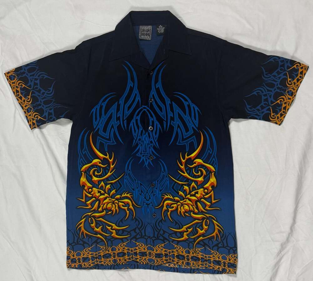 Authentic Shaolin Vintage Y2K Tribal Scorpion Dragon Print Button-Up Shirt